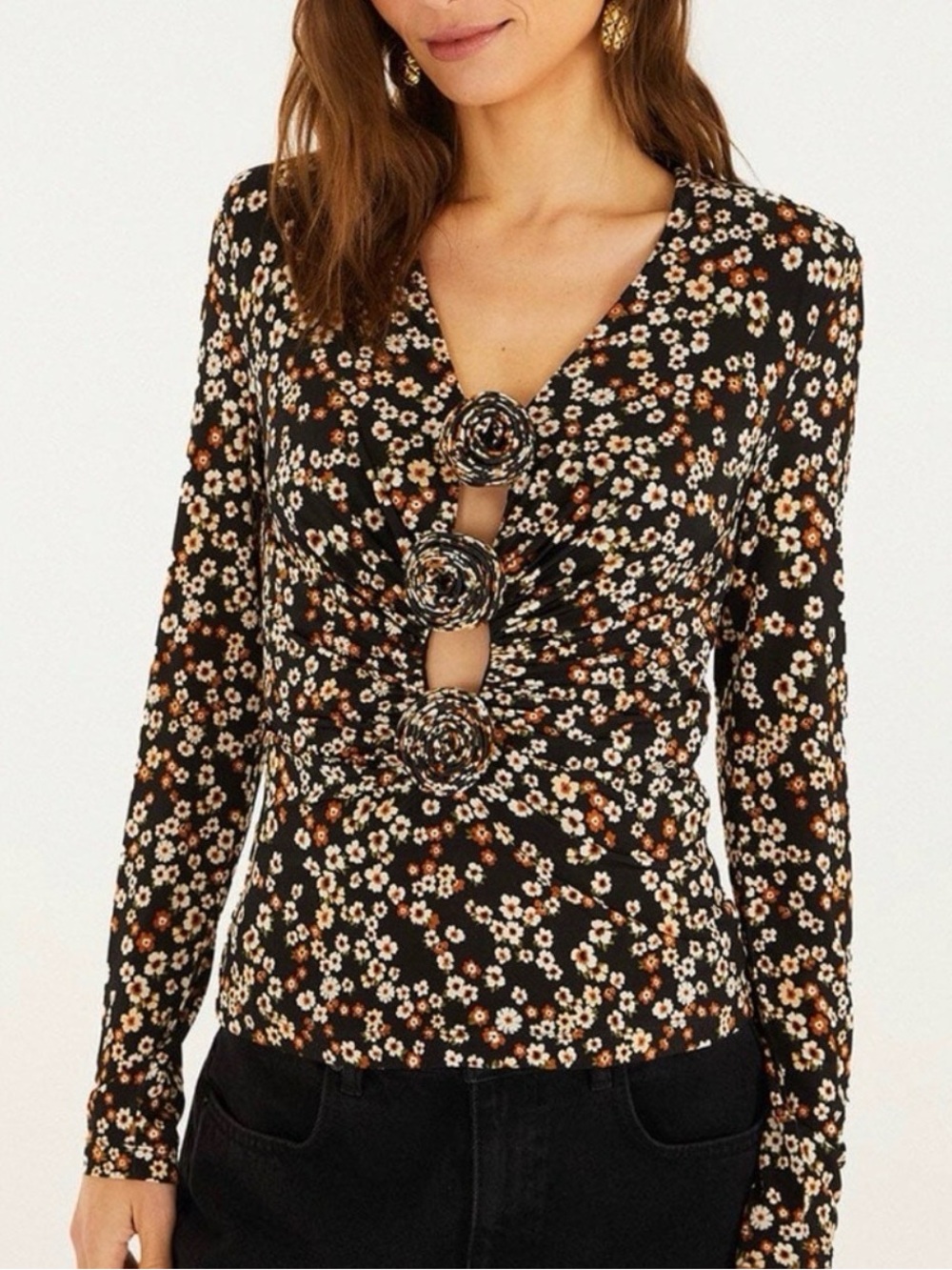FARM Rio Black Floral Long-Sleeve Top with Rosette Rings